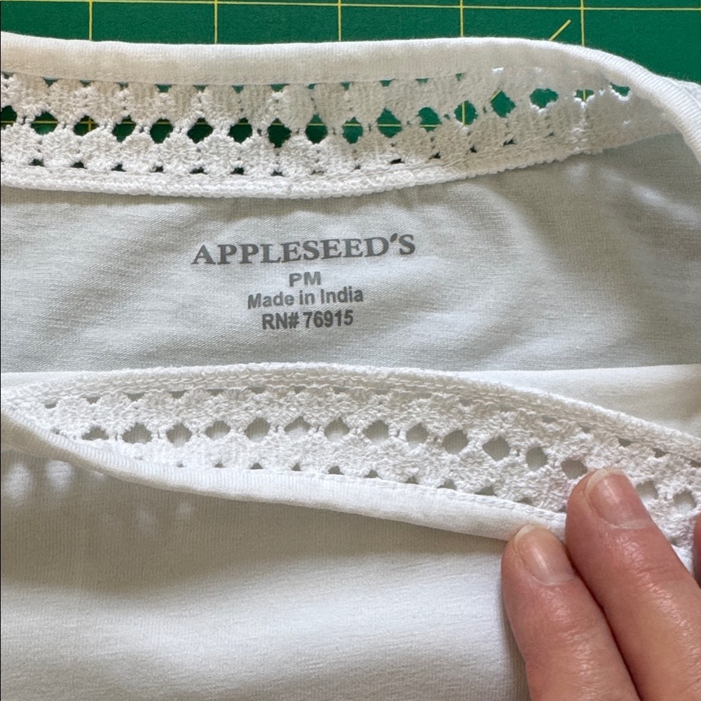 Appleseed's White 3/4 Sleeve Top with Crochet Detail at neck and sleeve, PM - Picture 4 of 11